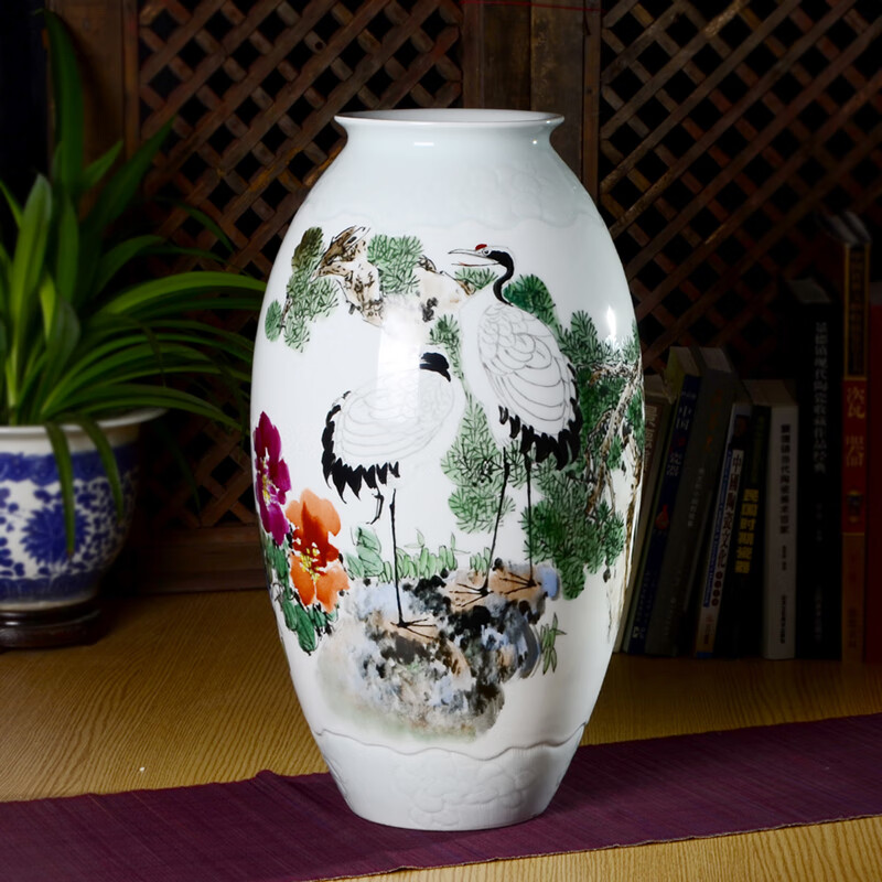 手绘花瓶花插瓷瓶李宝华梅花中国陶瓷书画艺术大师 1137松鹤同春