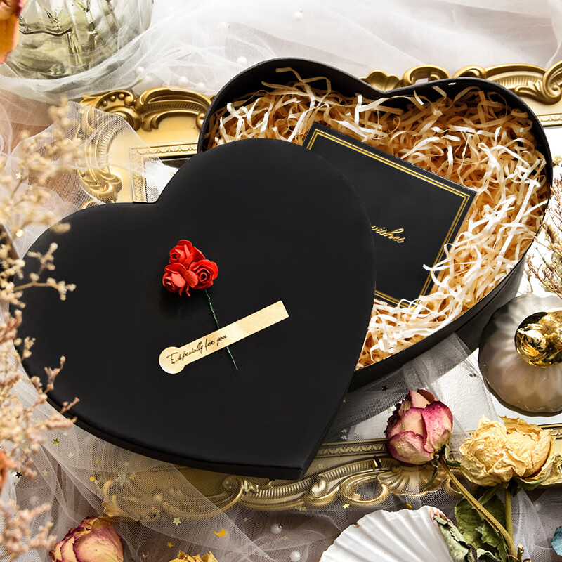 爱心形 心形礼品盒空盒子送老师教师节礼物盒生日 黑色心形小红玫瑰