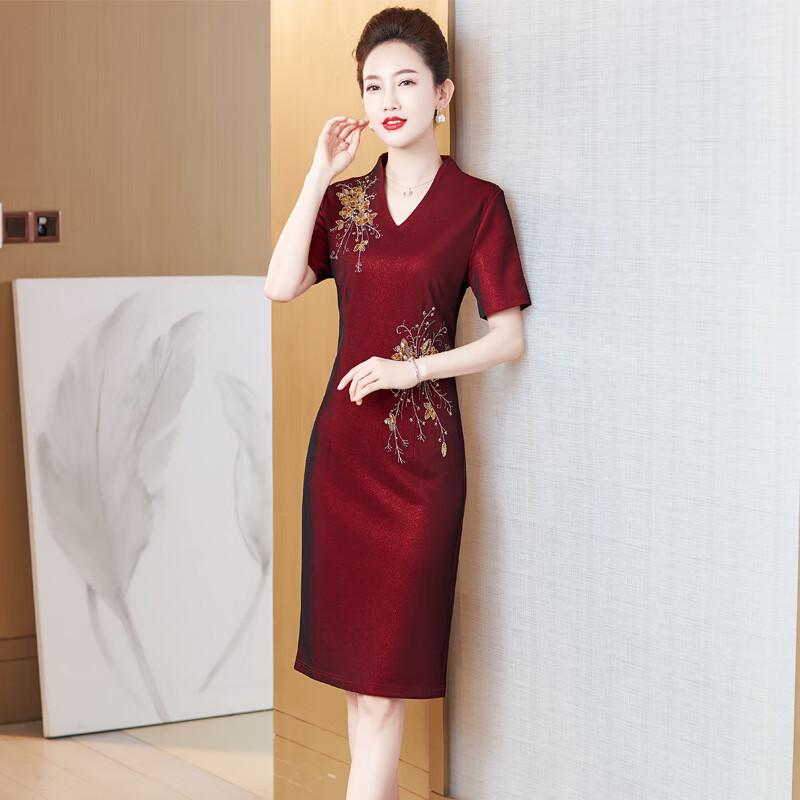 戴丽格婚礼年夏装新款喜婆婆高贵优雅婚宴礼服连衣裙夏 酒红 m