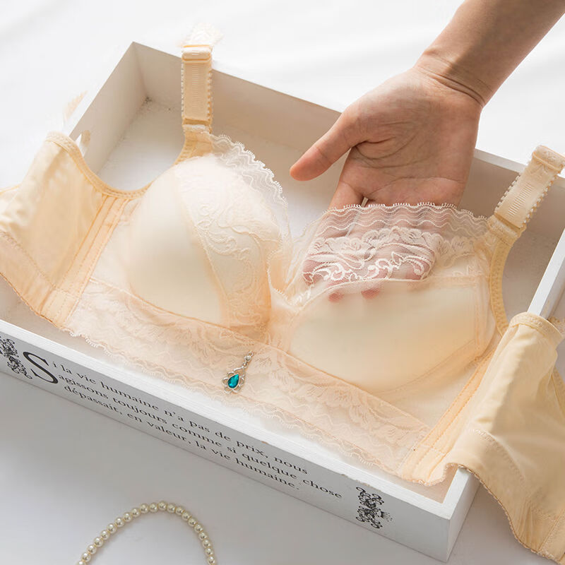无钢圈内衣女性感聚拢调整型收副乳文胸款白色蕾丝上托胸罩夏 肤色