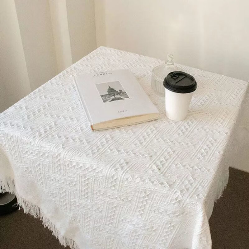 小方桌布i风厚实加厚长方形餐桌垫床头柜盖布圆桌奶油茶几桌布 50x50cm 米白T型款