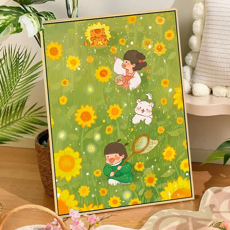 帝世古风卡通小孩数字油画diy填充填色画手工丙烯涂鸦两小无猜装饰画