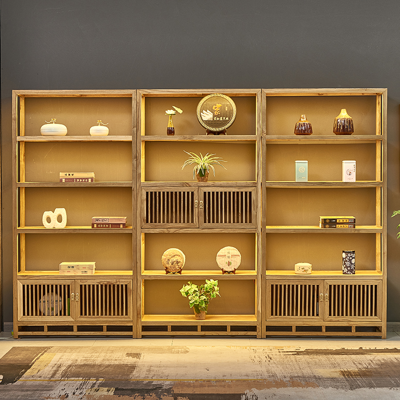 茶叶店展示柜陈列柜新中式茶庄带灯茶具普洱茶叶饼货架展示架 3组合层