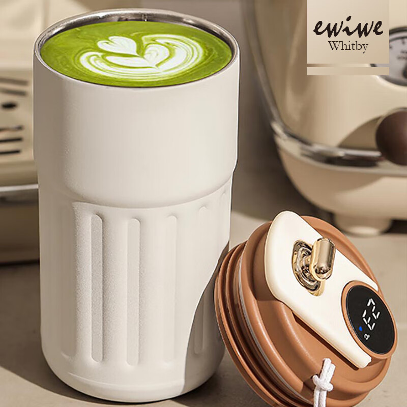 EWIWE复古智能显温咖啡杯一键推盖质感咖啡杯带提绳不锈钢材质办公室杯 咖白配色/约430ml