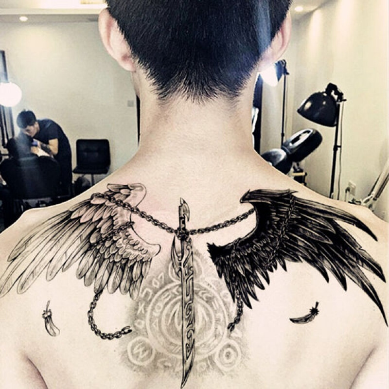 沐悠羽翅膀纹身贴大后背男女天使恶魔之翼防水羽毛仿真刺青黑白满背