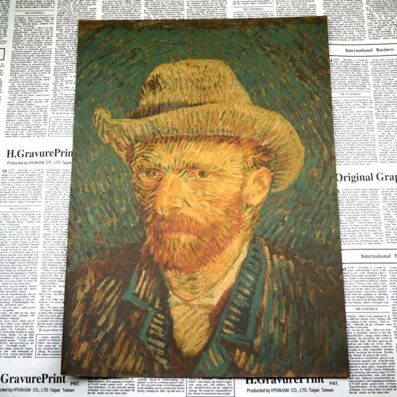 画之佳大尺寸梵高莫奈油画作品星空向日葵 乳白色 戴毛毡帽的自画像