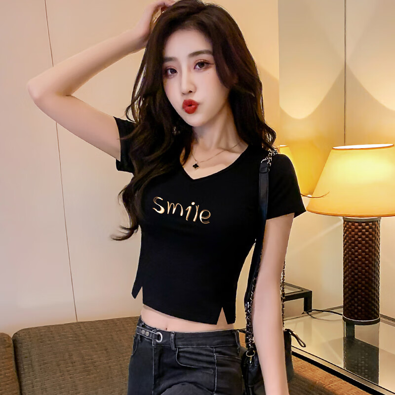 修身开叉短袖露脐t恤女夏季百搭小个子简约短款高腰上衣女生爵士 黑色