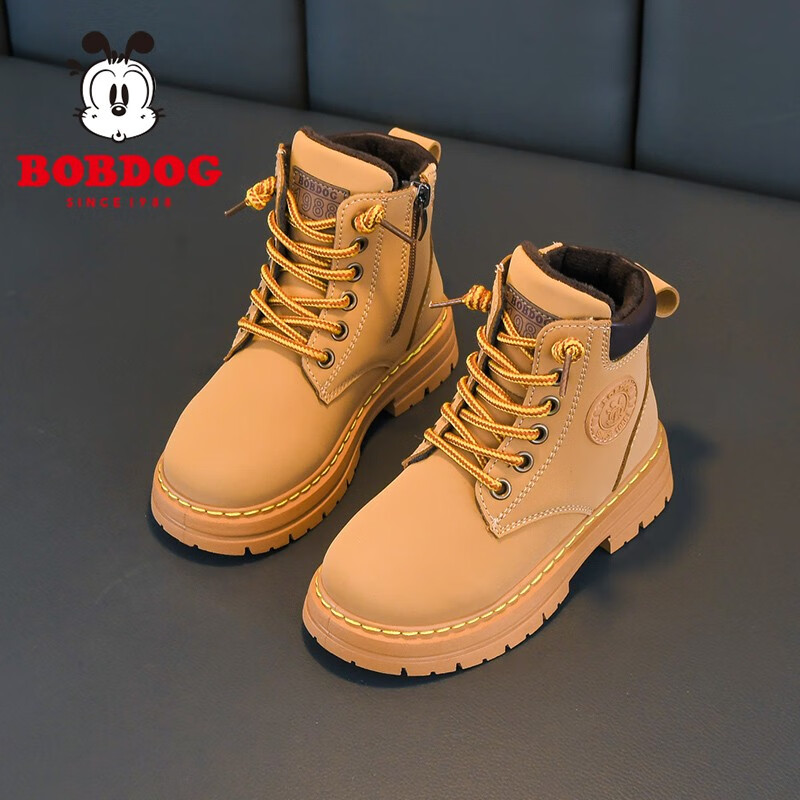 巴布豆（BOBDOG）男童鞋软底加绒二棉鞋儿童靴子冬季新款女童保暖马丁靴 卡其色 35 适合脚长21.2cm
