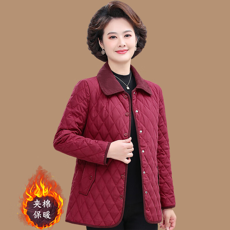 洛之潮冬季中老年羽绒棉服女轻薄短款加大码中年妇女妈妈秋冬装外套新款 酒红色 XL 建议90-105斤