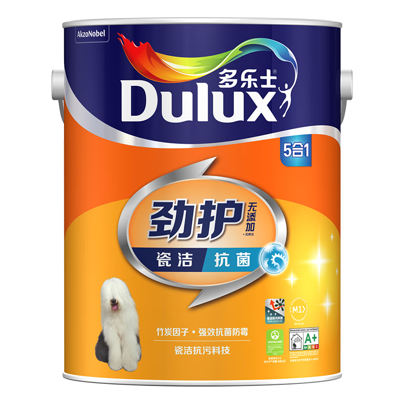 多樂(lè )士（Dulux）勁護無(wú)添加竹炭瓷潔抗菌五合一內墻乳膠漆防霉白色墻面漆 A8145 5L單桶 可調色（調色后不退換）