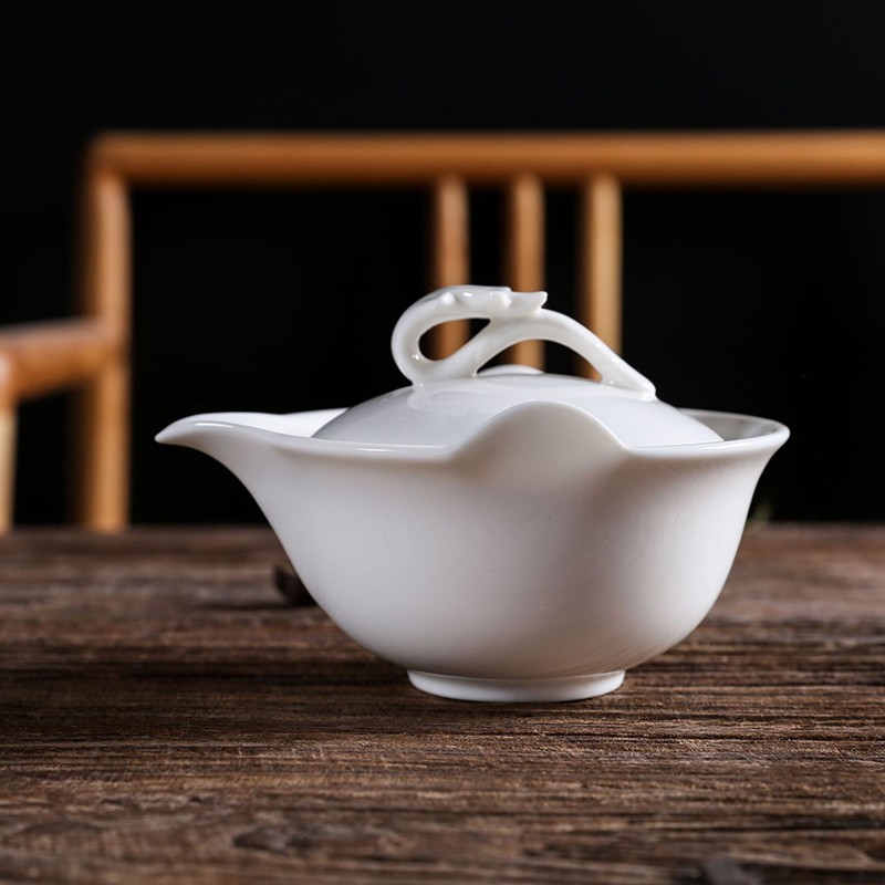 言殊 德化白瓷手工三才茶碗泡茶盖碗 茶杯大号陶瓷功夫茶具带过滤网 玉如意盖碗