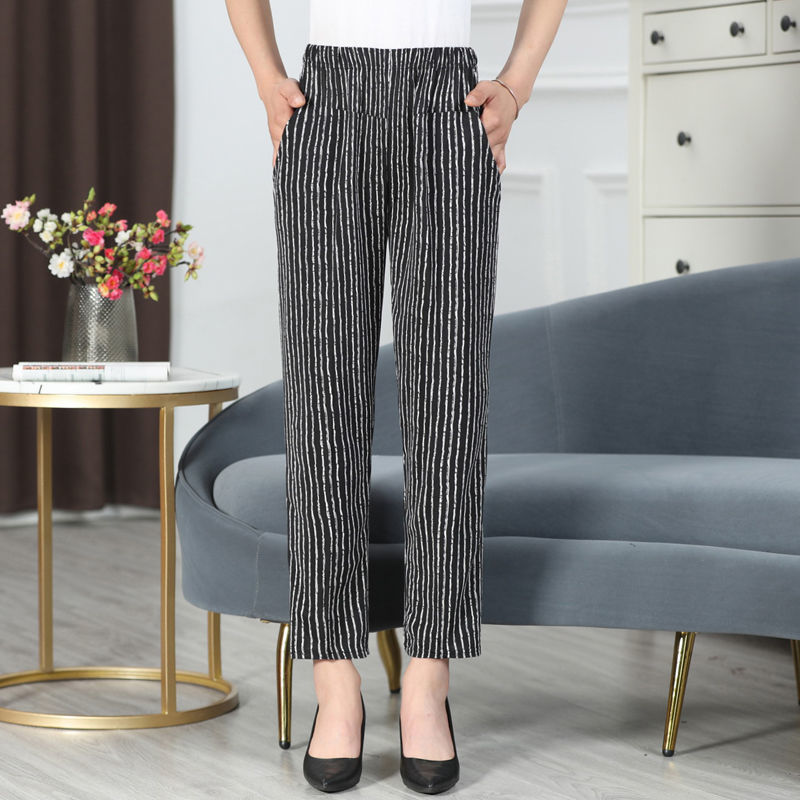 wanyi)夏季中老女裤中年宽松休闲裤大妈高腰弹力直筒裤老年奶奶花裤子