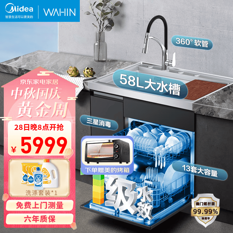 美的（Midea）出品华凌集成水槽洗碗机一体机升级13套大容量 超一级水效 三星消毒 热风烘干 58L大水槽 XH03P 【新升级13套大容量】超一级水效怎么样,好用不?