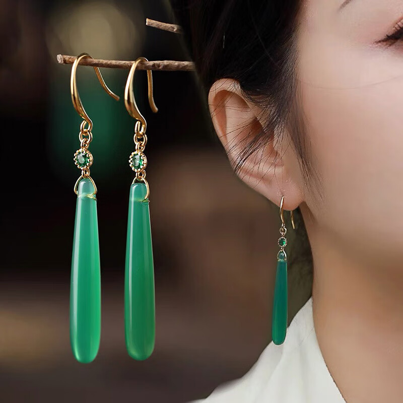 览日鸟玛瑙耳环长款感耳坠绿色新款古风中国风配旗袍耳饰品