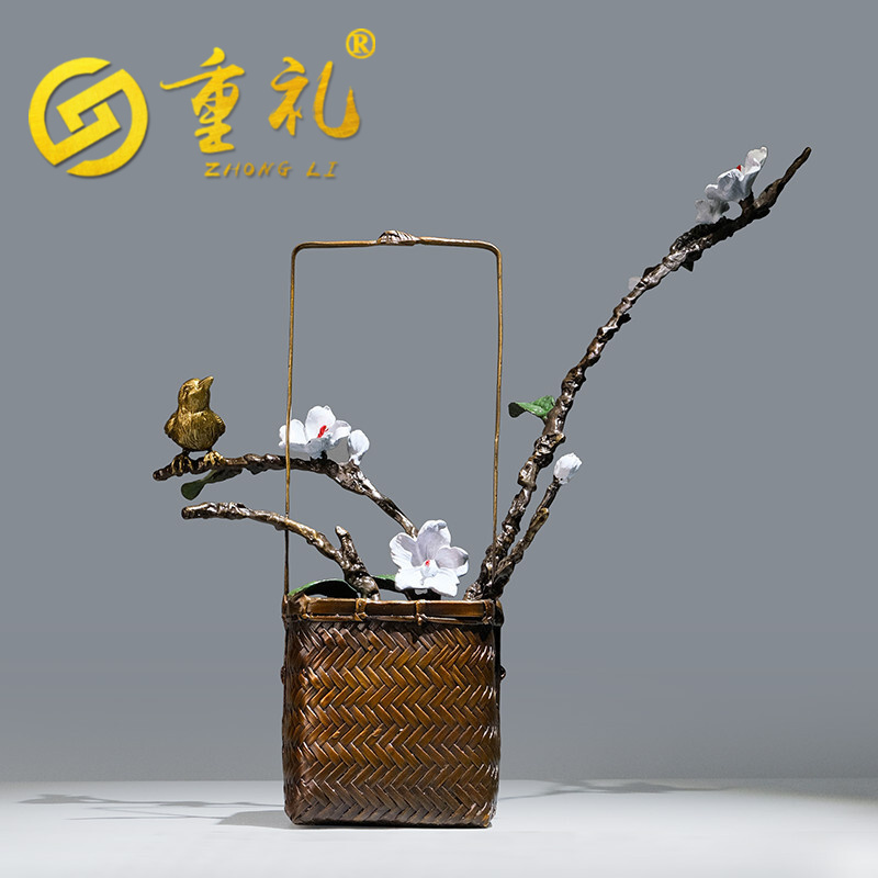 喜鹊花篮商务手提篮子家用全纯铜喜鹊花篮摆件仿真创意时尚工艺品大气