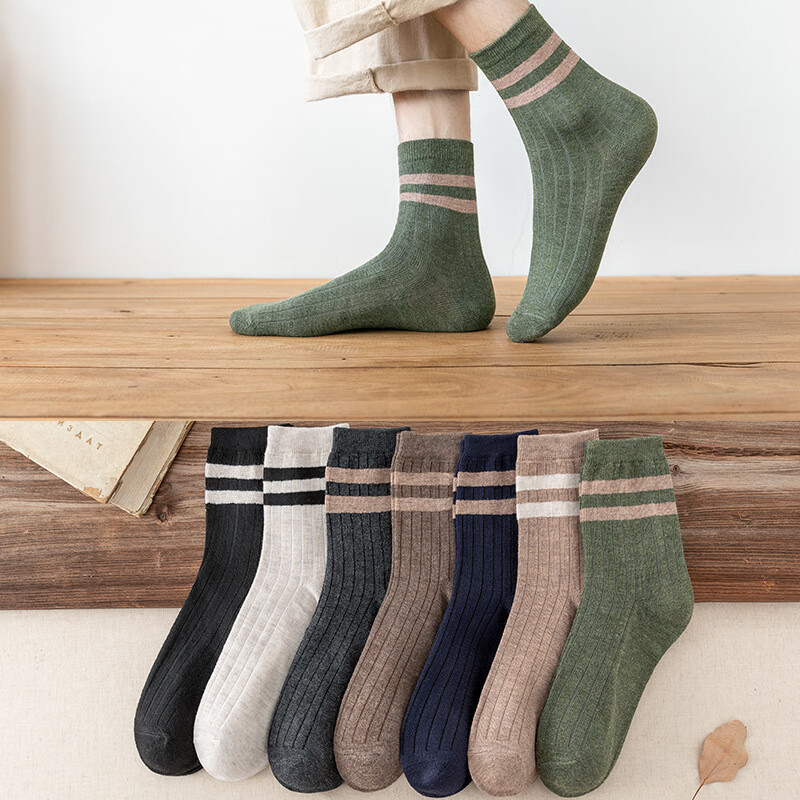 米大爷【严选百货】5双袜子男秋冬季中筒袜男士休闲百搭吸汗透气条纹款 双杠款男袜5双 均码(38-43码)