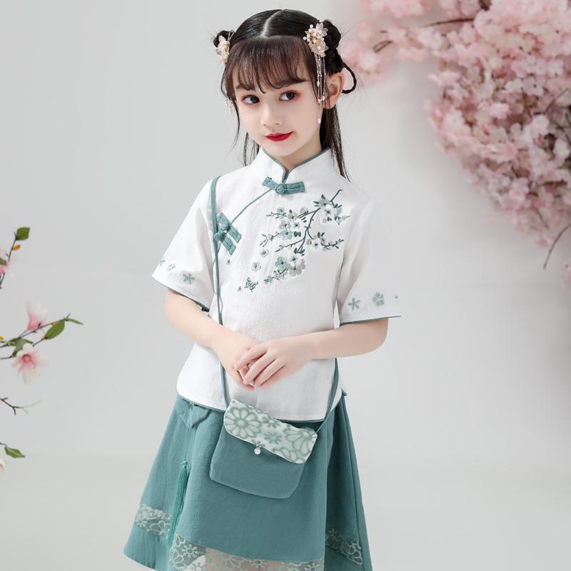 予瑾儿童中式服装女童汉服儿童古装中国风短袖12岁女孩套装旗袍裙 绿色套装带包 +手链 130身高115-125cm