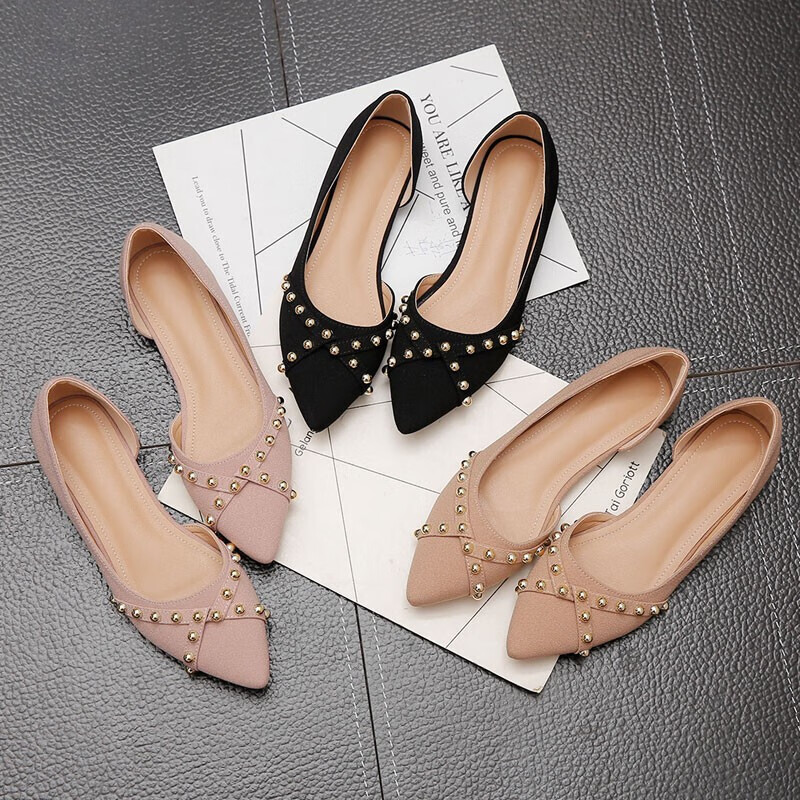 女鞋 尖头柳钉单鞋女2021夏季新款侧空浅口豆豆鞋女百搭软底平底鞋女