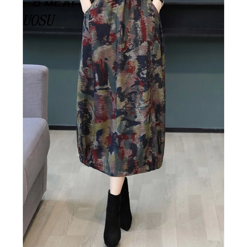 uosu轻奢潮牌2023秋冬新款半身裙女休闲气质百搭裙子时尚松紧腰灯笼裙