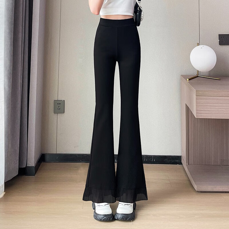 景洛休闲裤女微喇黑色长裤子春秋季弹力修身喇叭裤女士显瘦高腰马蹄裤