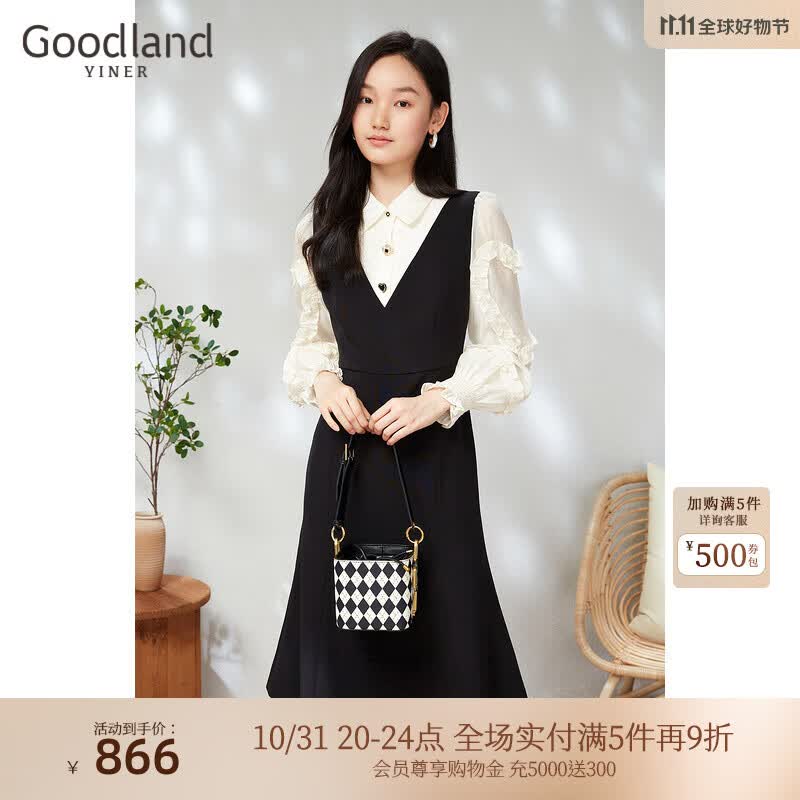 音儿美地女装2023春季新款时尚撞色设计感轻甜假两件公主袖连衣裙 黑色 36高性价比高么？