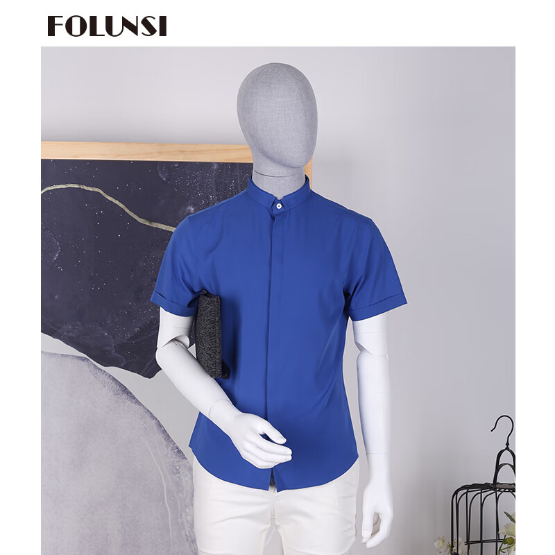 佛伦斯folunsi2020年夏季男装时尚立领休闲修身透气纯色短袖衬衫男
