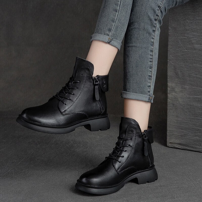 头层牛皮短靴女2022秋冬季新款女鞋子单靴厚底马丁靴女英伦风皮鞋皮靴皮鞋加绒棉鞋棉靴马丁鞋复古女靴子 黑色【单里款】ZB7819 40使用感如何?