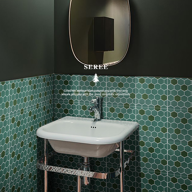 思力 复古墨绿色六角图案花砖300×300客餐厅花园露台门店防滑地砖