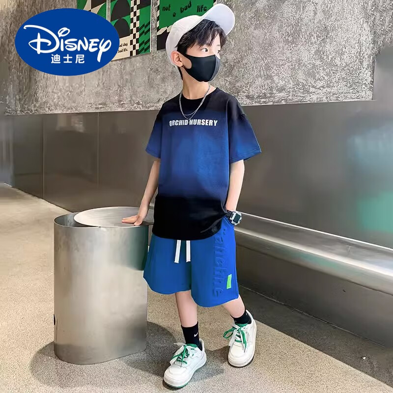 迪士尼（Disney）男童夏季套装2024新款中大童夏装儿童装宽松帅气男孩时髦两件套潮 蓝色 110cm(110cm)