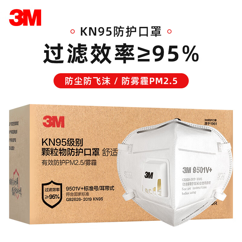5防工业粉尘打磨透气防护口罩 9501v 15个/盒(kn95耳戴带阀独立包装)