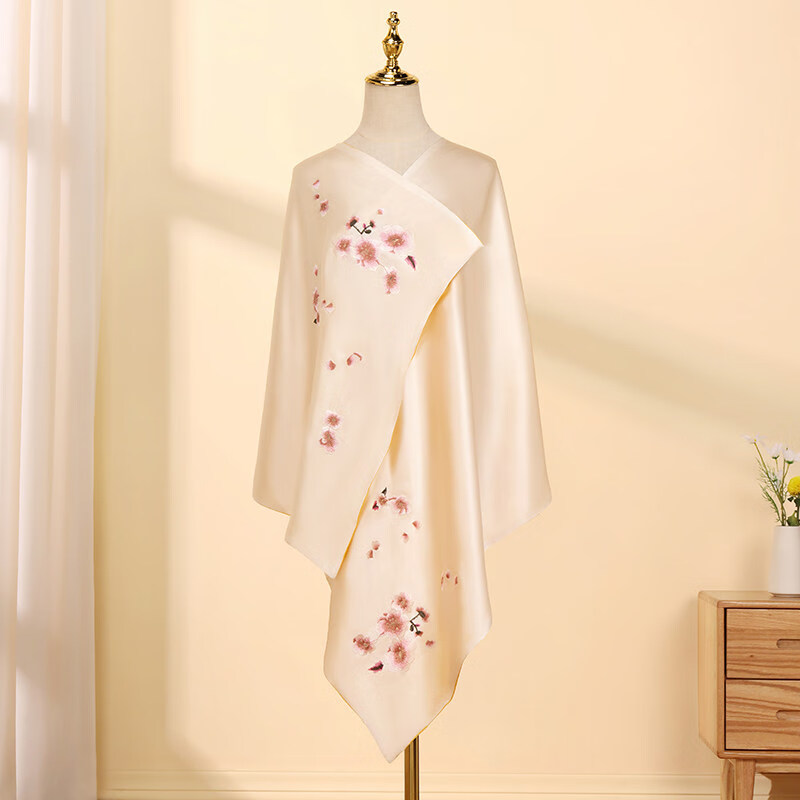 夏季薄款妈妈婚礼旗袍披肩空调房办公室 梅花米色(180*70cm双层苏绣)