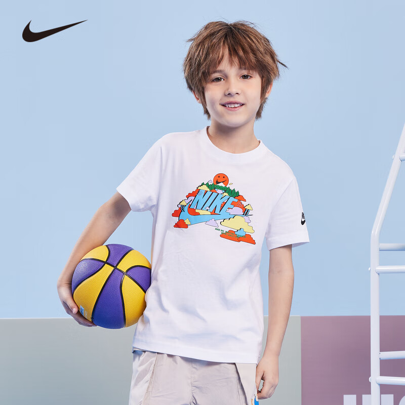 耐克（NIKE）童装男童短袖T恤夏季儿童运动上衣 白色 130(7)
