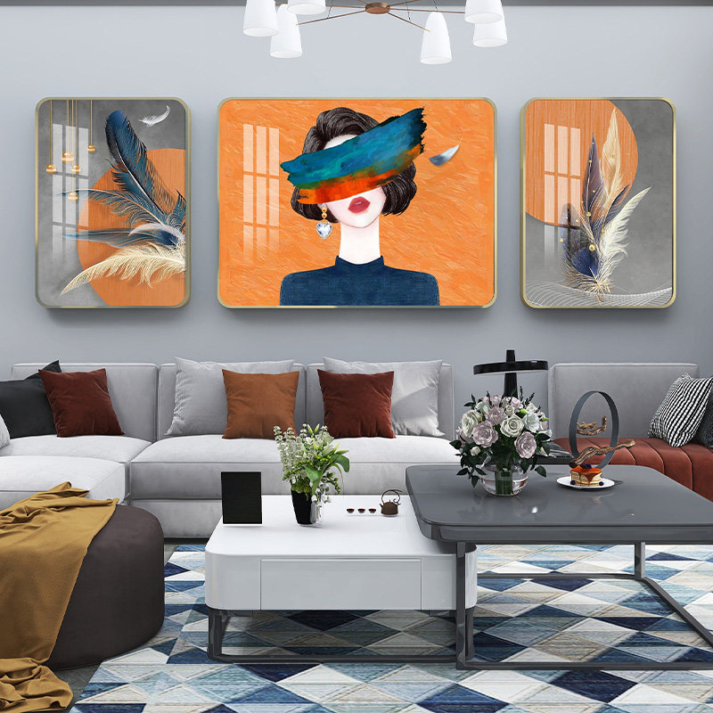 现代客厅装饰画沙发背景墙挂画轻奢美女人物羽毛画壁画三联晶瓷画 a