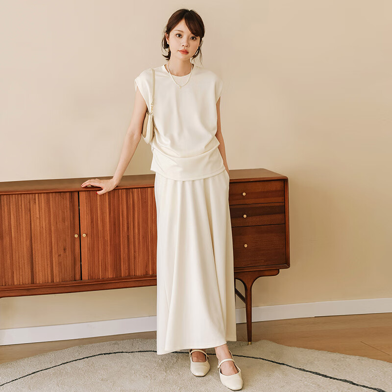 米度麗孕婦裝夏裝小蓋袖t恤夏季半身裙套裝2025新款孕婦裙休閑兩件套 米杏色 XL碼