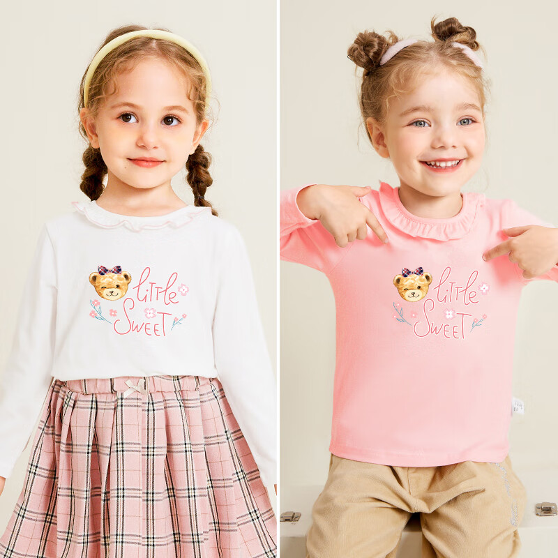 Classic Teddy女童T恤童装儿童长袖上衣中小童花边领打底衫宝宝外出服 甜心熊A白色 130