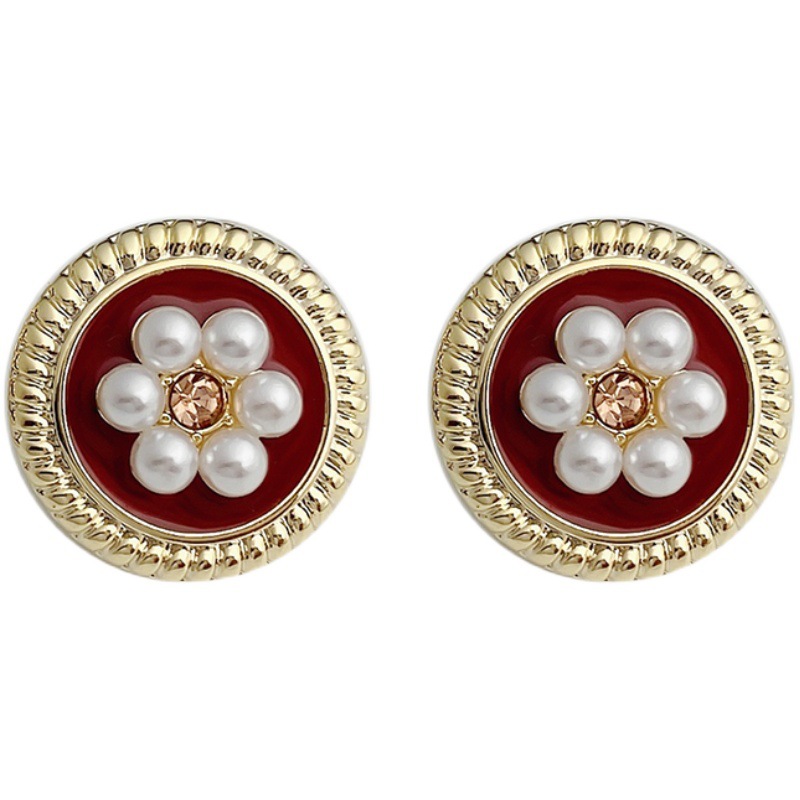 高级感勃艮第红珍珠耳夹女蚊香盘花朵耳环简约圆形复古无耳洞耳饰 耳