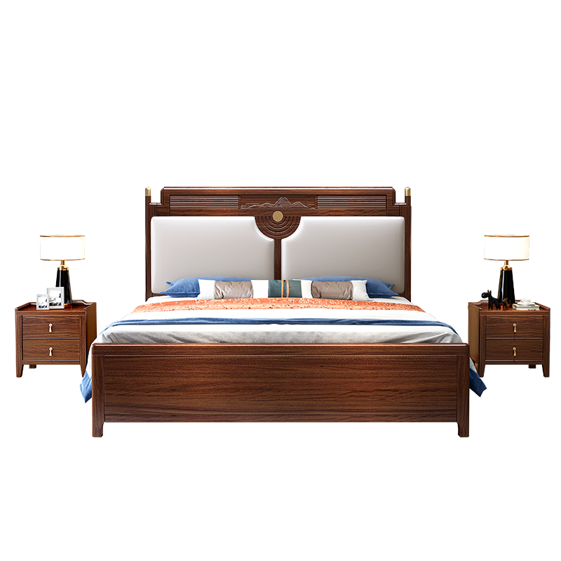 景腾 床 新中式爱里古夷苏木实木床1.8米主卧双人床现代简约单人床大床卧室家具 床+棕垫+床头柜x2