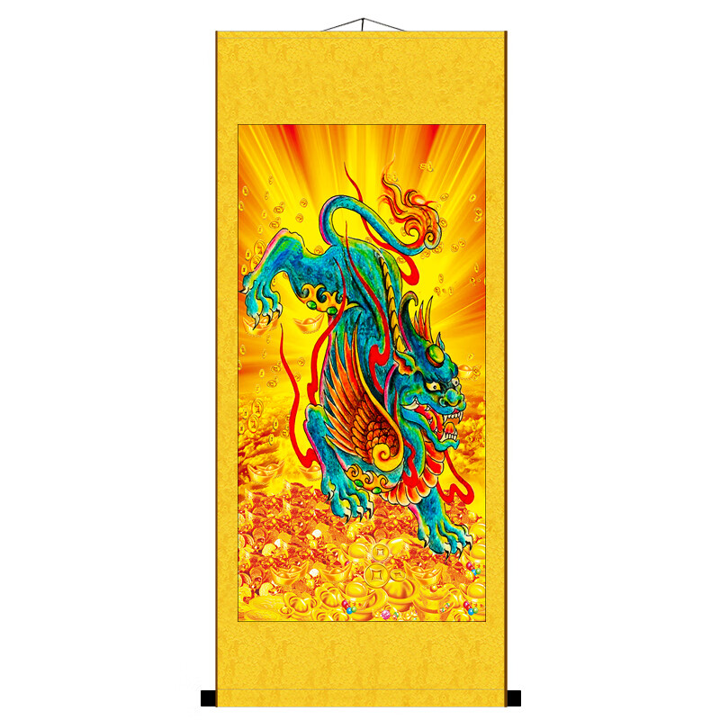 挂画貔貅画像中式客厅招财办公室玄关风水装饰丝绸卷轴画 黄色 高80