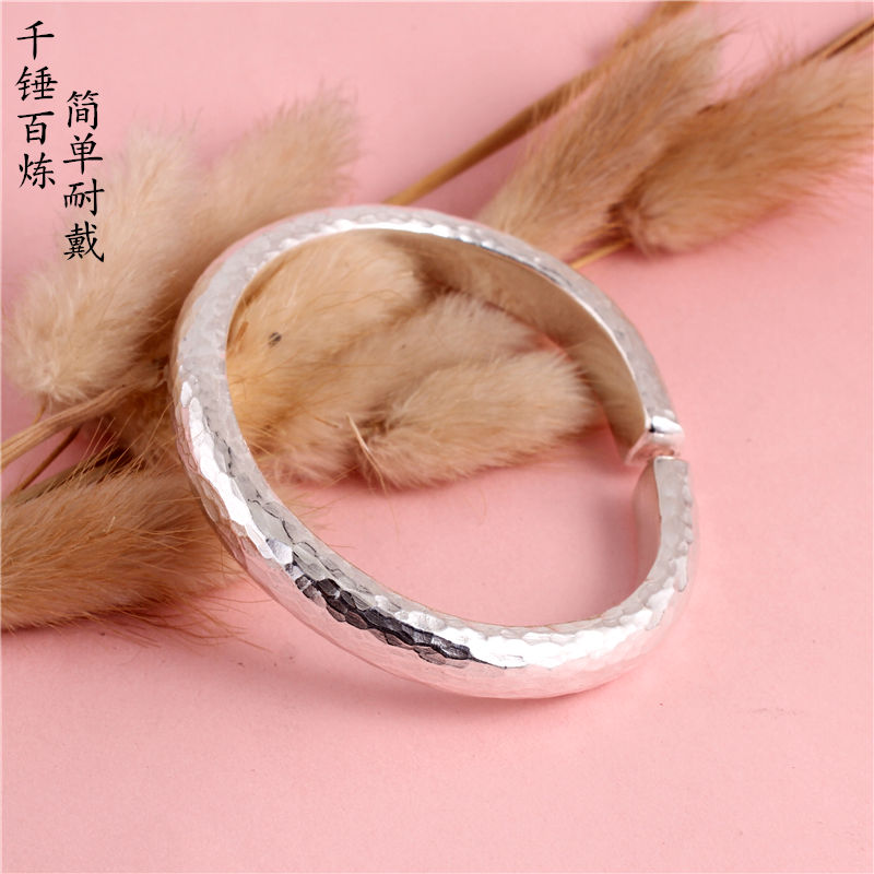 【提伯斯】锤纹新款99足银手镯女纯手工开口d型定制尺寸银镯子马蹄