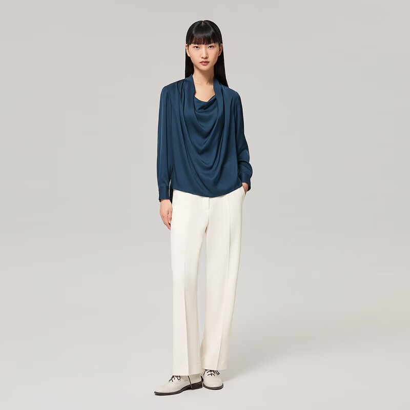 OVV【重磅真丝】OVV2022秋冬新款女装22姆米双乔荡领收腰长袖衬衫 深蓝B1 XS