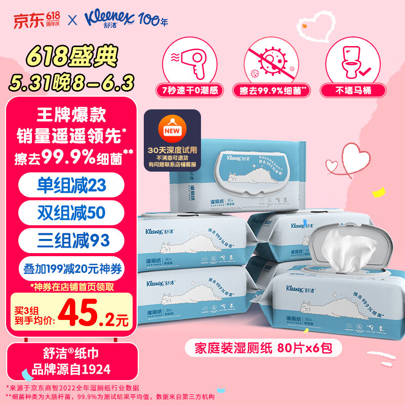 舒洁（Kleenex）羊驼湿厕纸家庭装80片*6包（480片）洁厕湿纸巾湿巾私处 擦去细菌