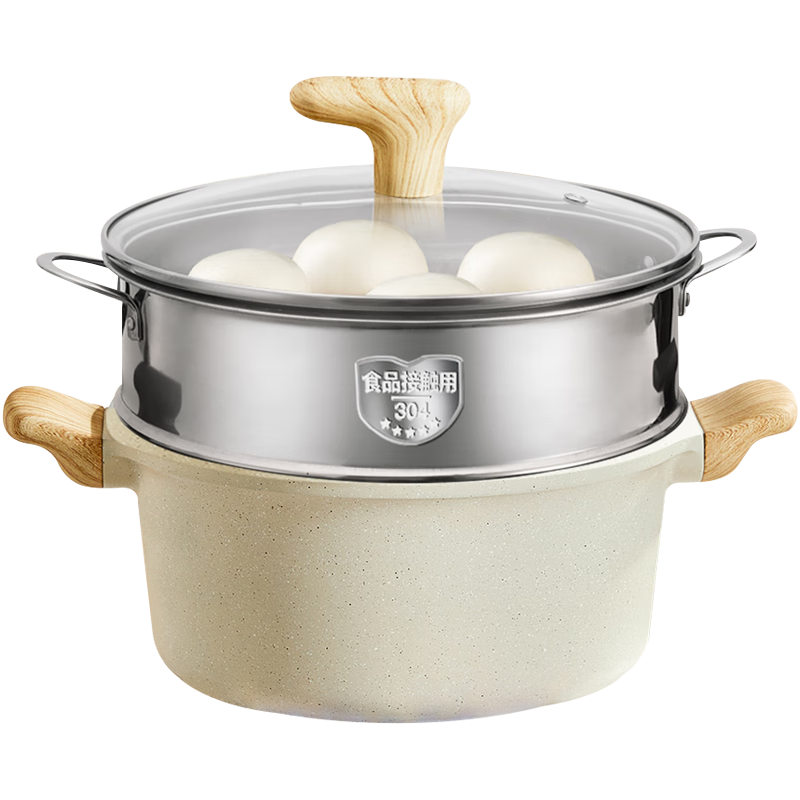 苏泊尔（SUPOR） 汤锅麦饭石不粘锅煮锅炖锅双耳炖锅泡面锅星星石燃气电磁炉通用 蒸煮两用【汤锅+蒸格+汤勺】 24cm