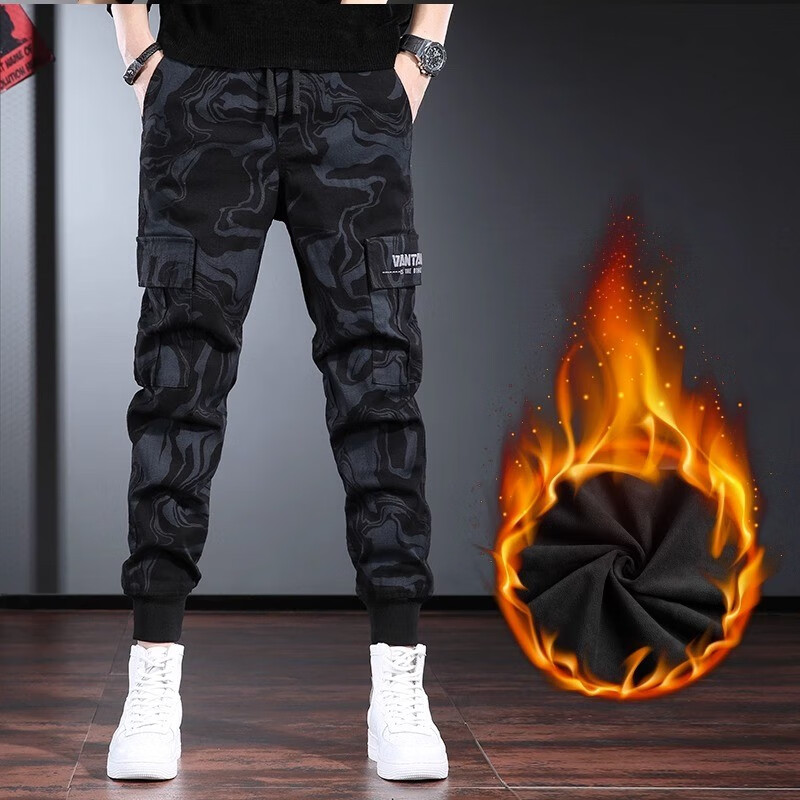 古先森美式休闲裤男宽松工装裤男士秋冬款束脚裤男生迷彩哈伦长裤子男款 黑色加绒款 S 【100-120斤】