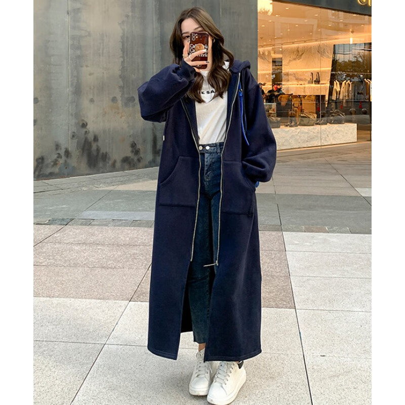 歌珀尼超长款过膝卫衣女带帽春秋加绒加厚外套韩版宽松学生长款连帽