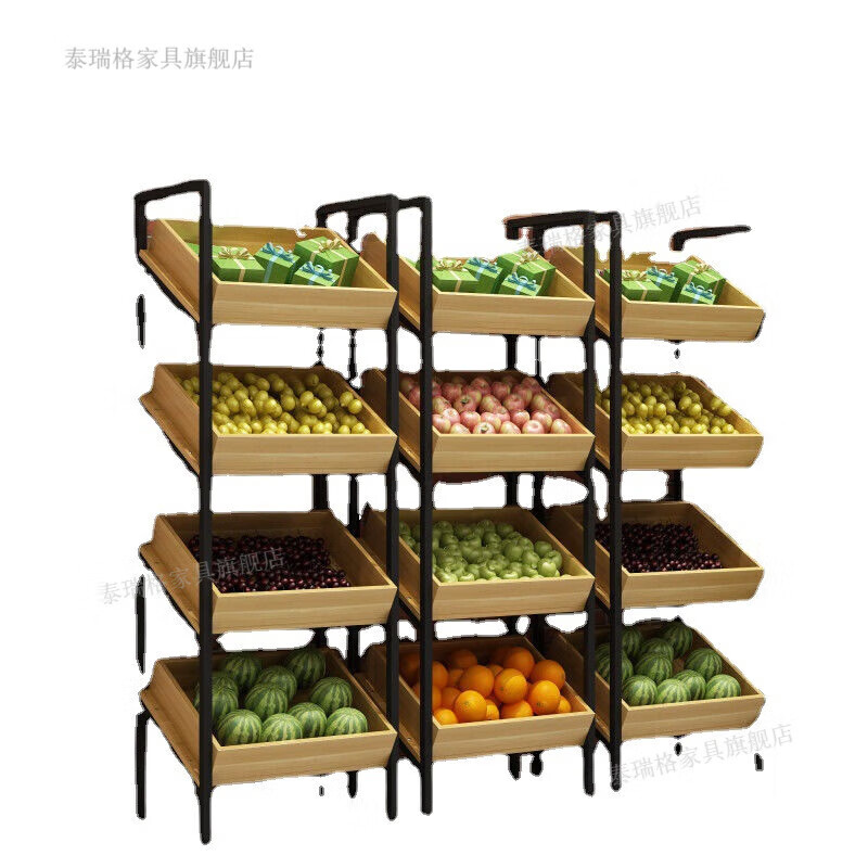 泰瑞格水果店货架蔬菜水果展示架超市多层组合钢木格子储藏架活动展台