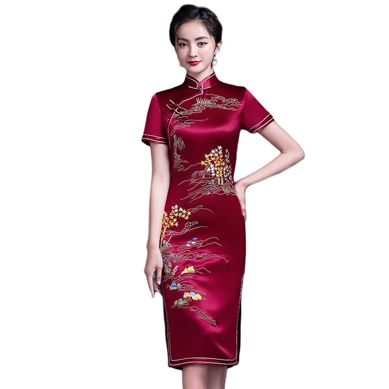玫芙娜旗袍春夏改良時(shí)尚旗袍婚慶修身媽媽裝婚宴刺繡喜婆婆婚宴時(shí)尚禮服 酒紅色 L
