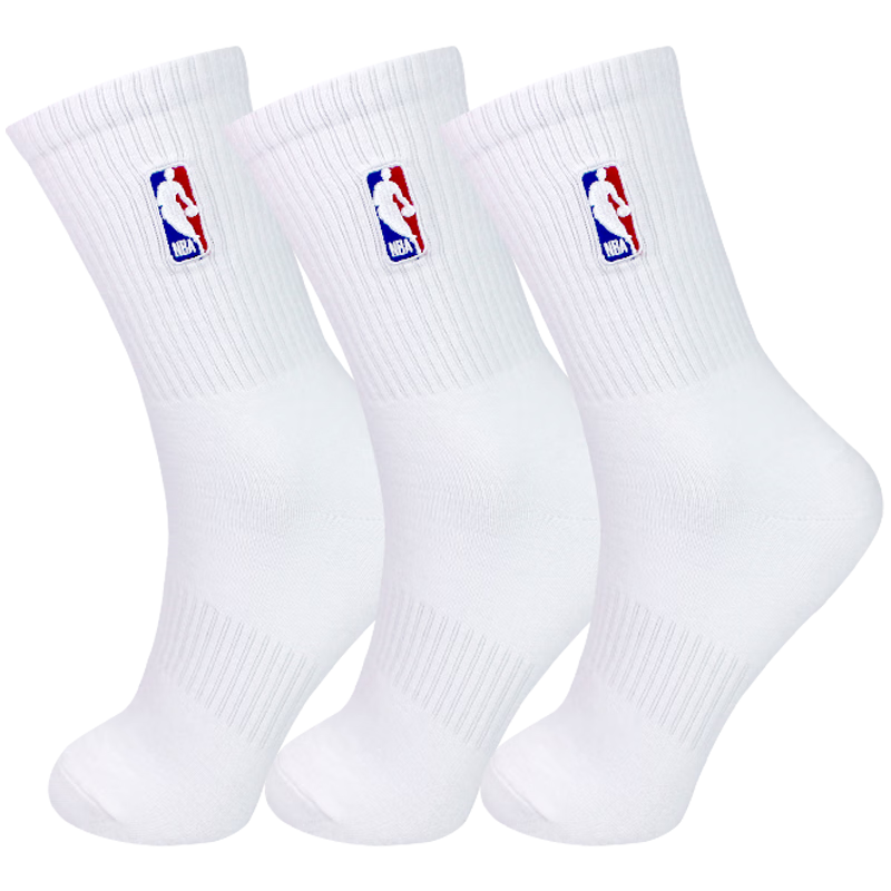 NBA袜子男士休闲运动袜夏季长筒纯白色精梳棉高筒篮球跑步袜3双装