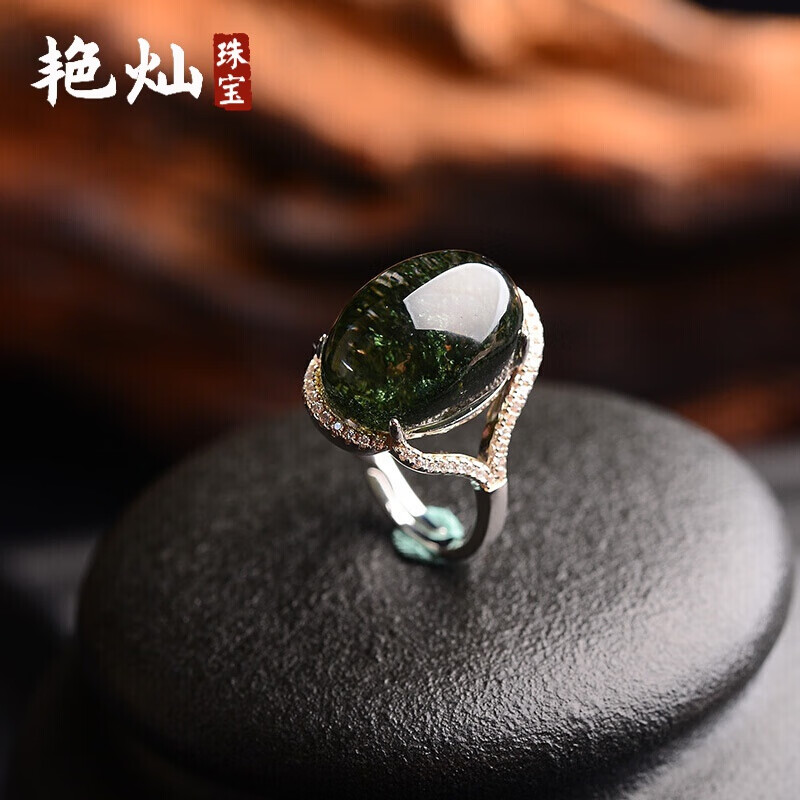 艷燦 天然綠幽靈戒指925銀托深綠色女款水晶戒指指環(huán)綠幽靈飾品送女友