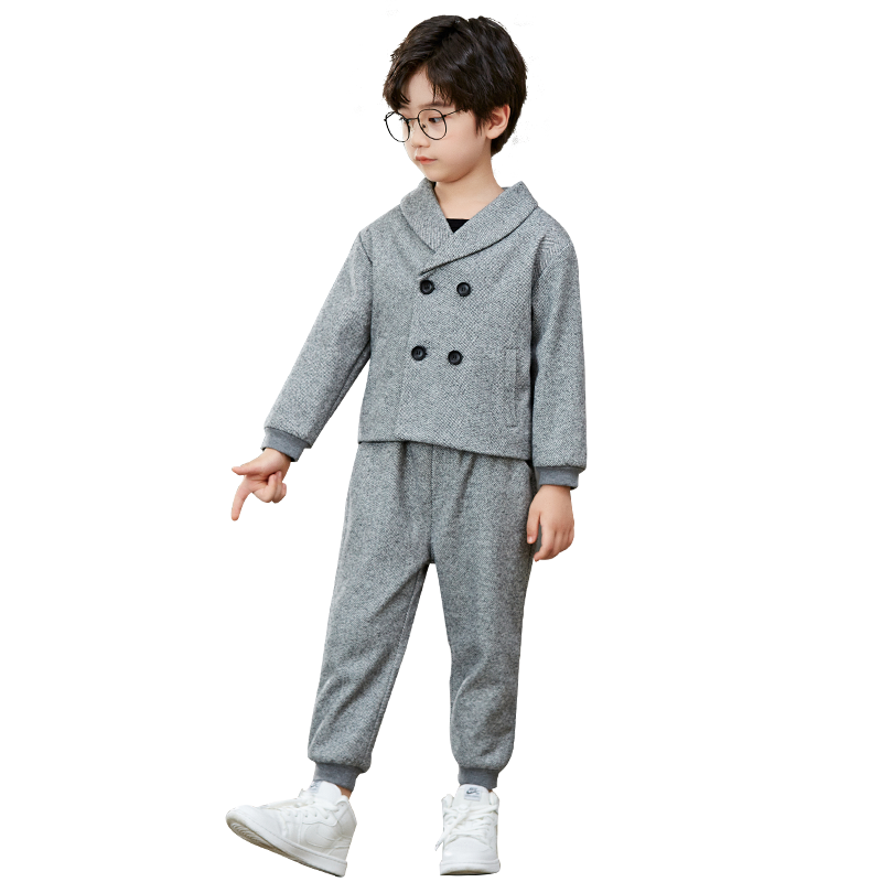 蘿卜唄唄 新款兒童西裝男童禮服休閑西服套裝小主持人服裝鋼琴演出服表演服小孩西裝正裝花童韓版走秀晚禮服 加絨卡其三件套（外套+T恤+褲子） 100cm建議體重26-30斤