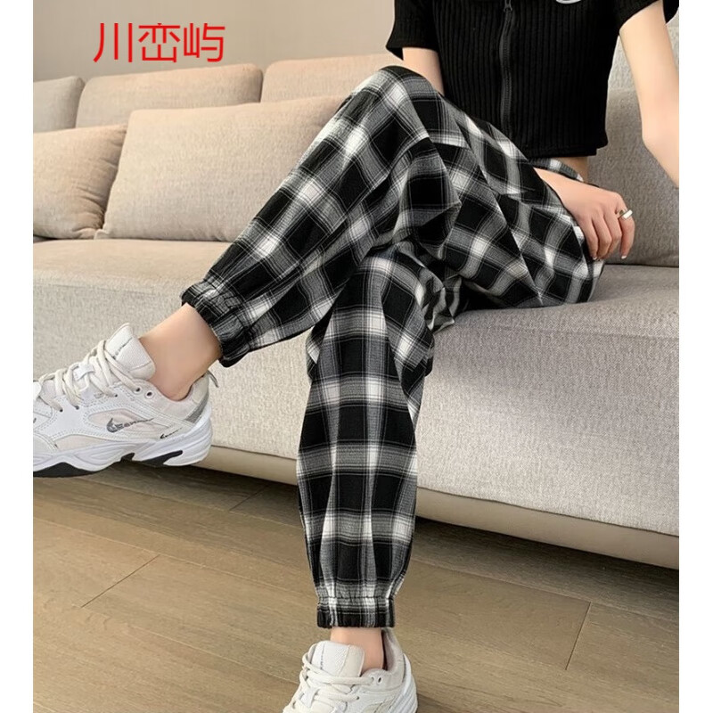 她風(fēng)采格子女褲春夏新款韓版超顯瘦九分褲寬松休閑束腳哈倫褲潮 黑色格子九分褲 S 80-95斤